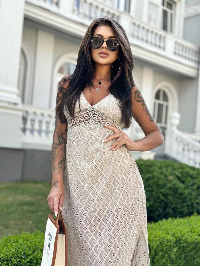 Maxi šaty bez ramínek z richelieu a krajky - DLR109 beige