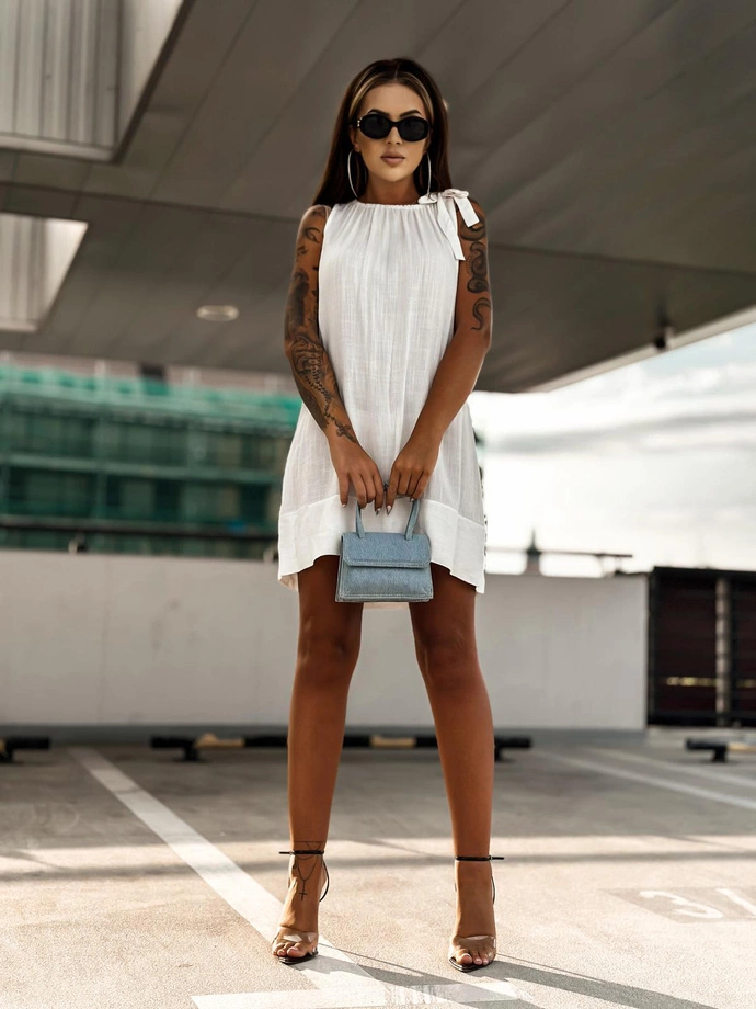 Mini mini šaty s lodičkovým výstřihem a mašlí - DLR110 ecru