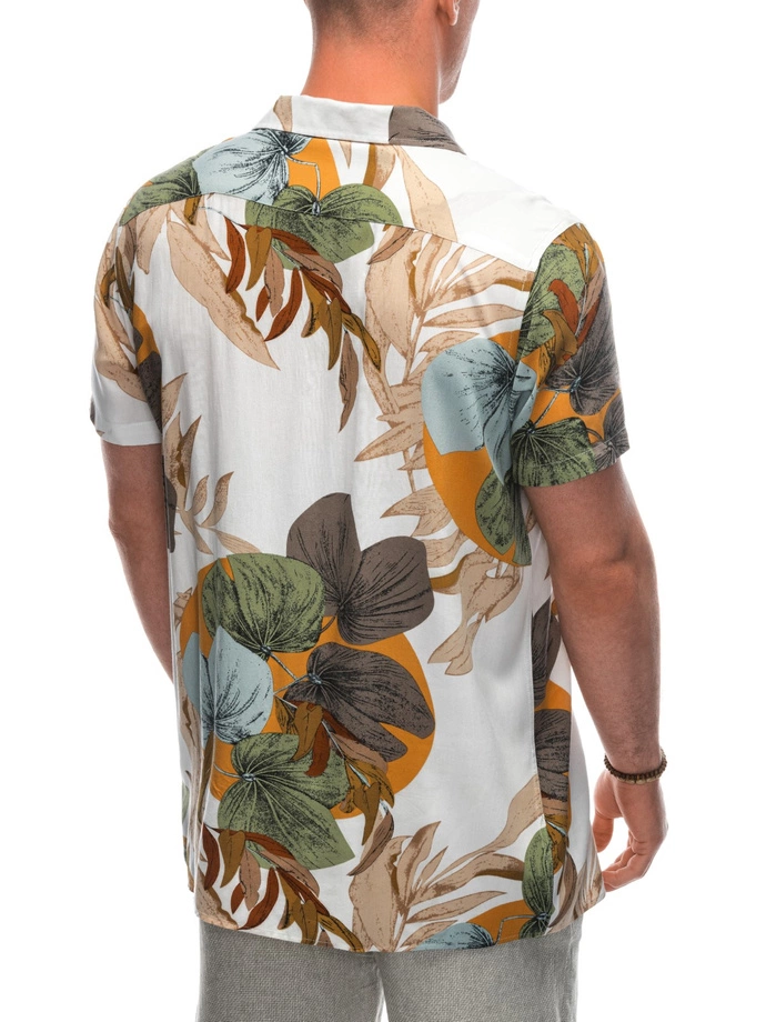 Pánská viskózová vzorovaná košile s krátkým rukávem OM-SHPS-0113 - bílá/krémová V6