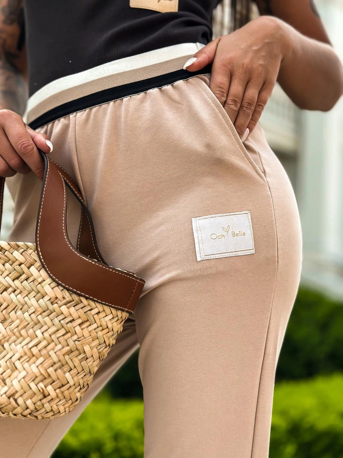 Teplákové kalhoty s tříbarevnou gumou PLR271 - béžové