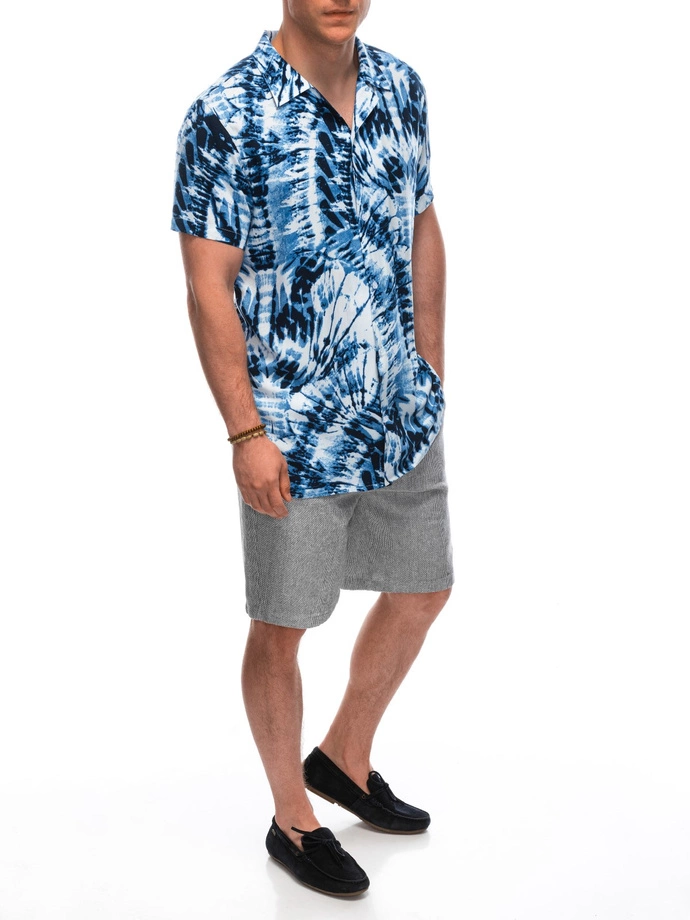 Pánské viskózové vzorované tričko s krátkým rukávem OM-SHPS-0113 - bílá/modrá V12