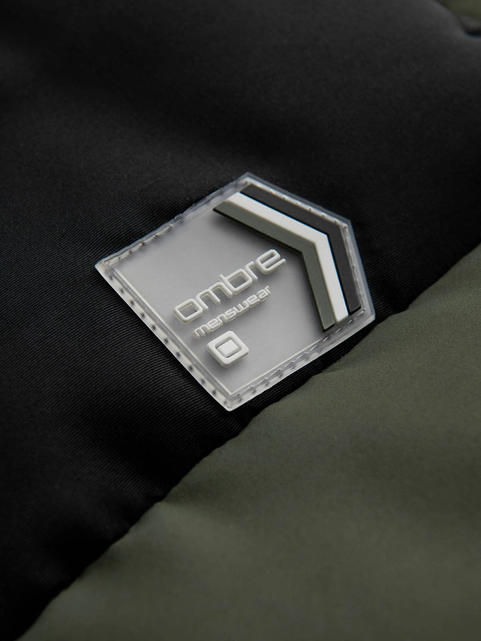 Pánská prošívaná bunda bez rukávů v kontrastních barvách - olivová V4 OM-JAVJ-0161