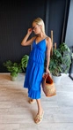 Popelínové maxi šaty bez ramínek - DLR116 modré