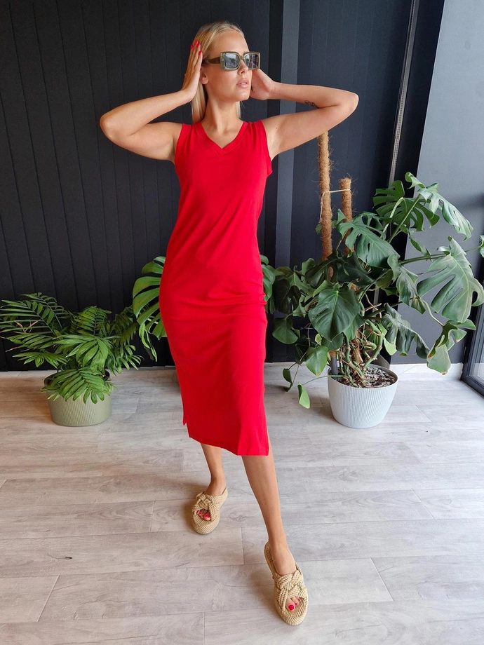 Midi šaty s výstřihem do V a záhyby DLR108 - červené