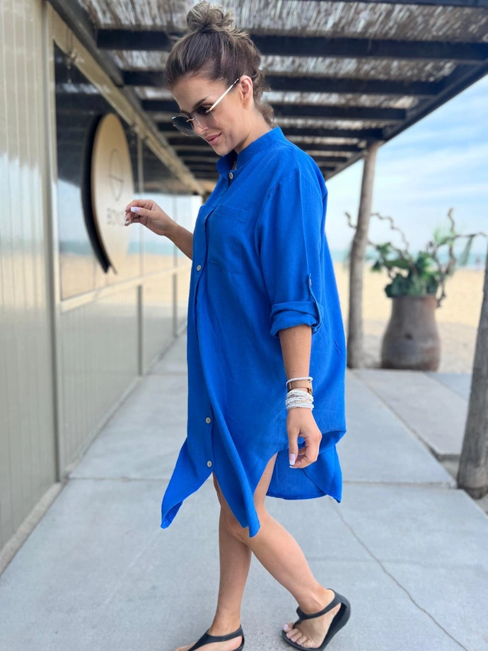 Lněné košilové šaty se stojáčkem - DLR112 modré