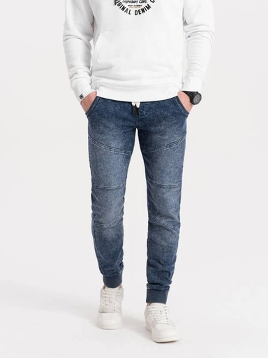 Pánské mramorované kalhoty JOGGERY s prošíváním - modré V1 OM-PADJ-0108