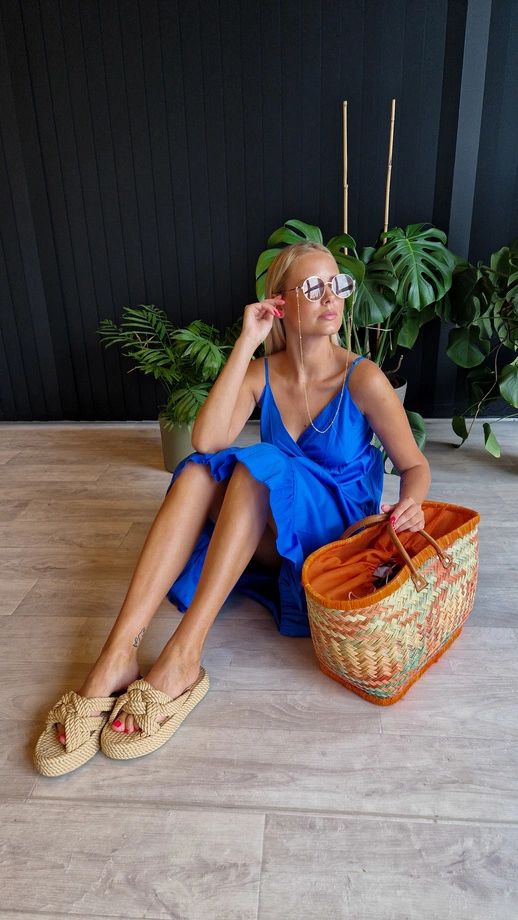 Popelínové maxi šaty bez ramínek - DLR116 modré