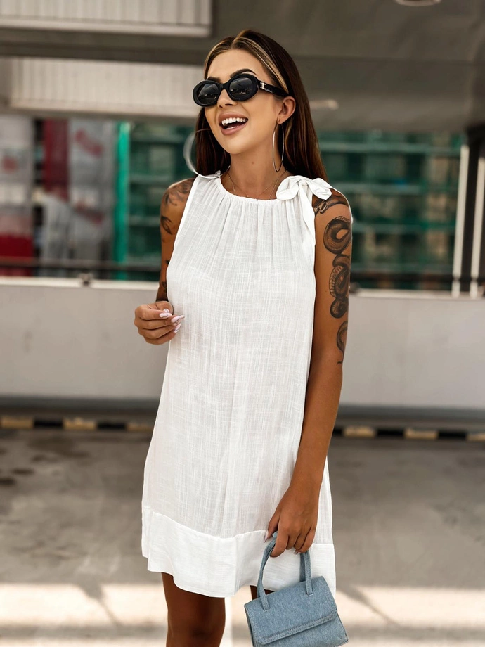 Mini mini šaty s lodičkovým výstřihem a mašlí - DLR110 ecru