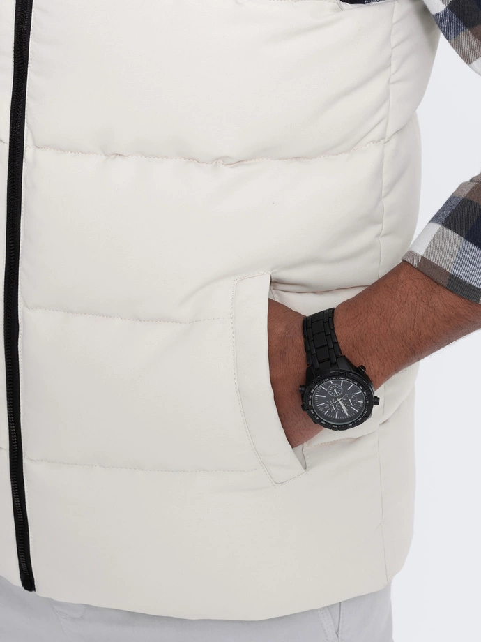 Pánské kontrastní prošívané tričko bez rukávů - krémové V1 OM-JAVJ-0161